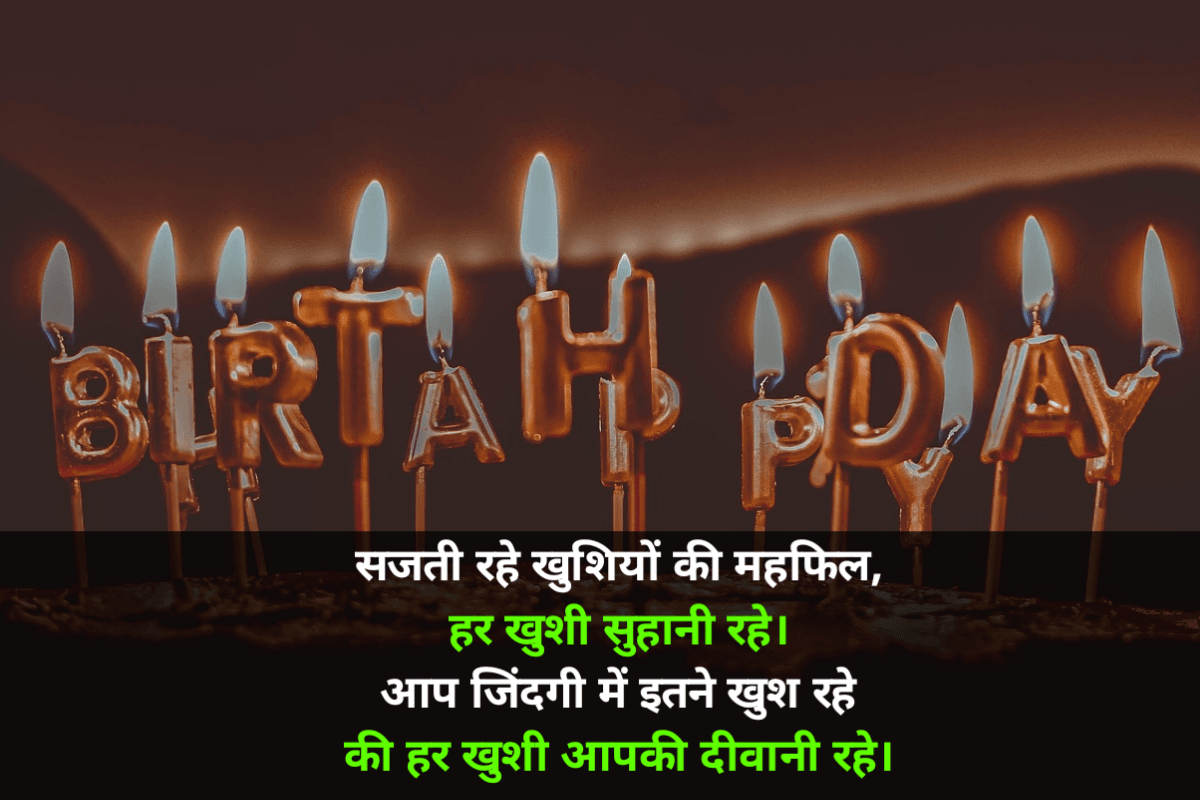 Happy Birthday Shayari in Hindi with cake and balloons